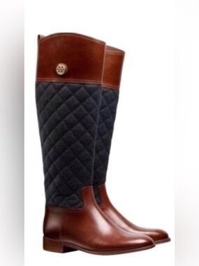 Tory Burch Rosalie Quilted Tall Riding Boots in Brown and Charcoal